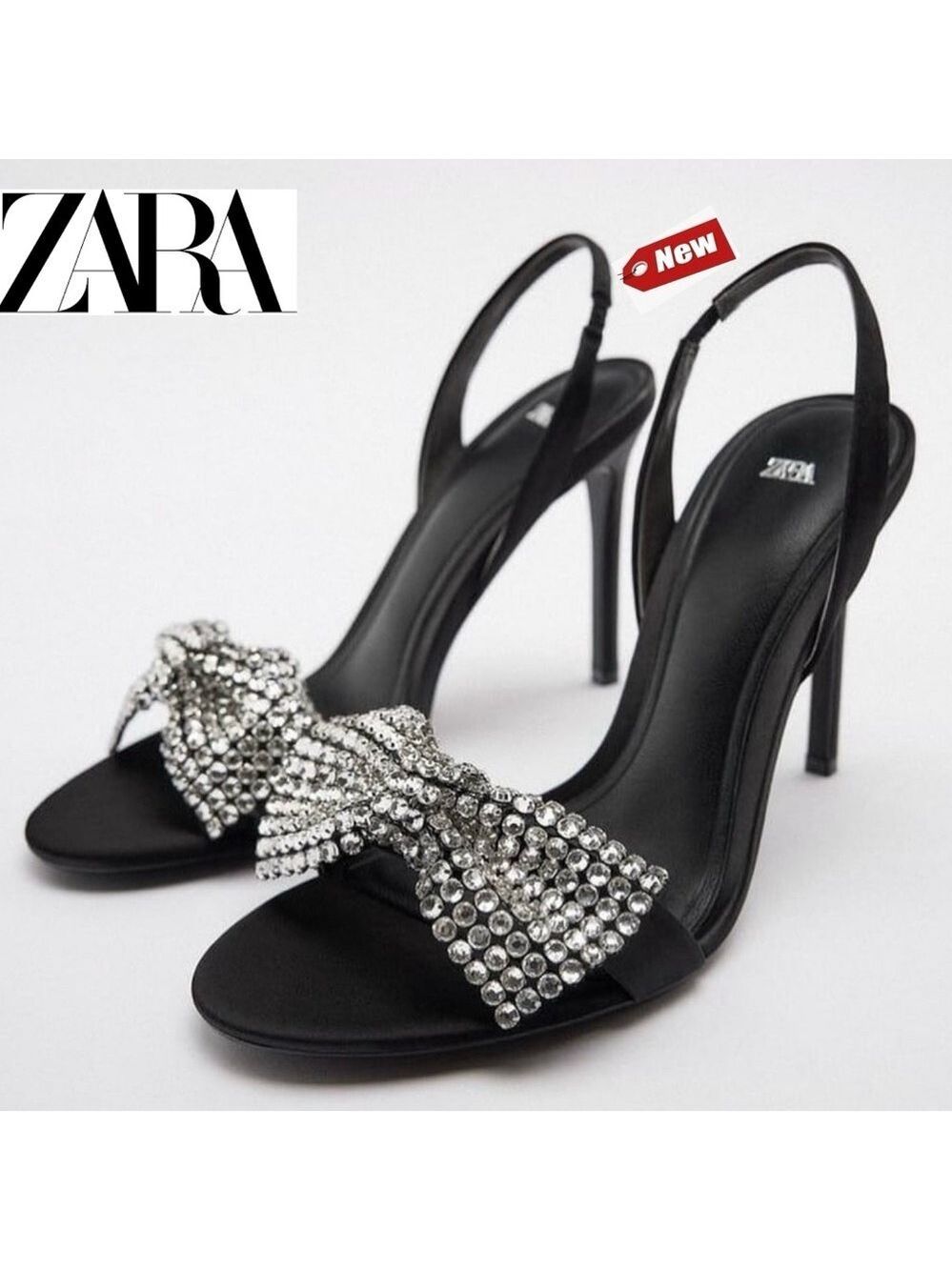 Zara Black strappy Crystal rhinestone embellished bow high heel sandals 36 NWT